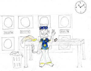 Hippie at the Laundromat - drawing by Harvey Dog for Volume 2: Dada Dog Dreams 2018-2021