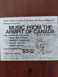 Poster for "Music From the Armpit of Canada" record release party.