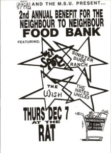 Poster for Food Bank show Dec 7, 1989. Wet Spots / Sinister Dude Ranch / The Wish / Hated Uncles