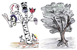2 (very) Different Trees - drawings by Harvey Dog 2023