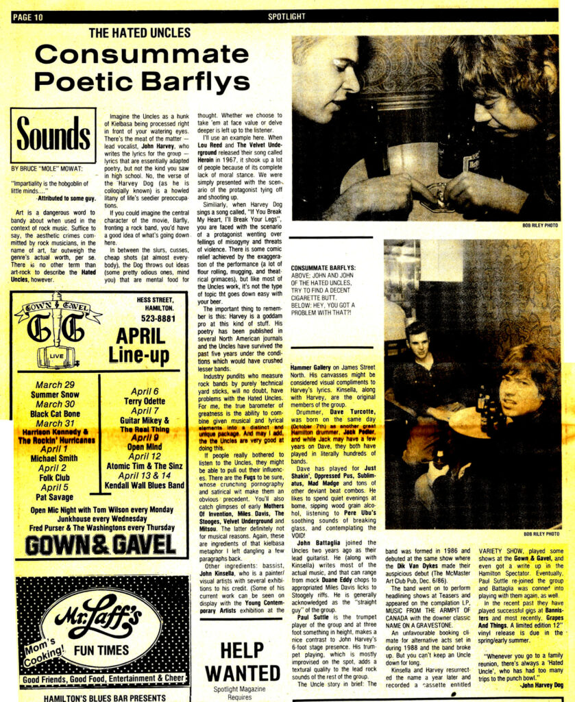 April 11, 1991 – Spotlight Magazine – Consummate Poetic Barflys - Article by Bruce “Mole” Mowat.
